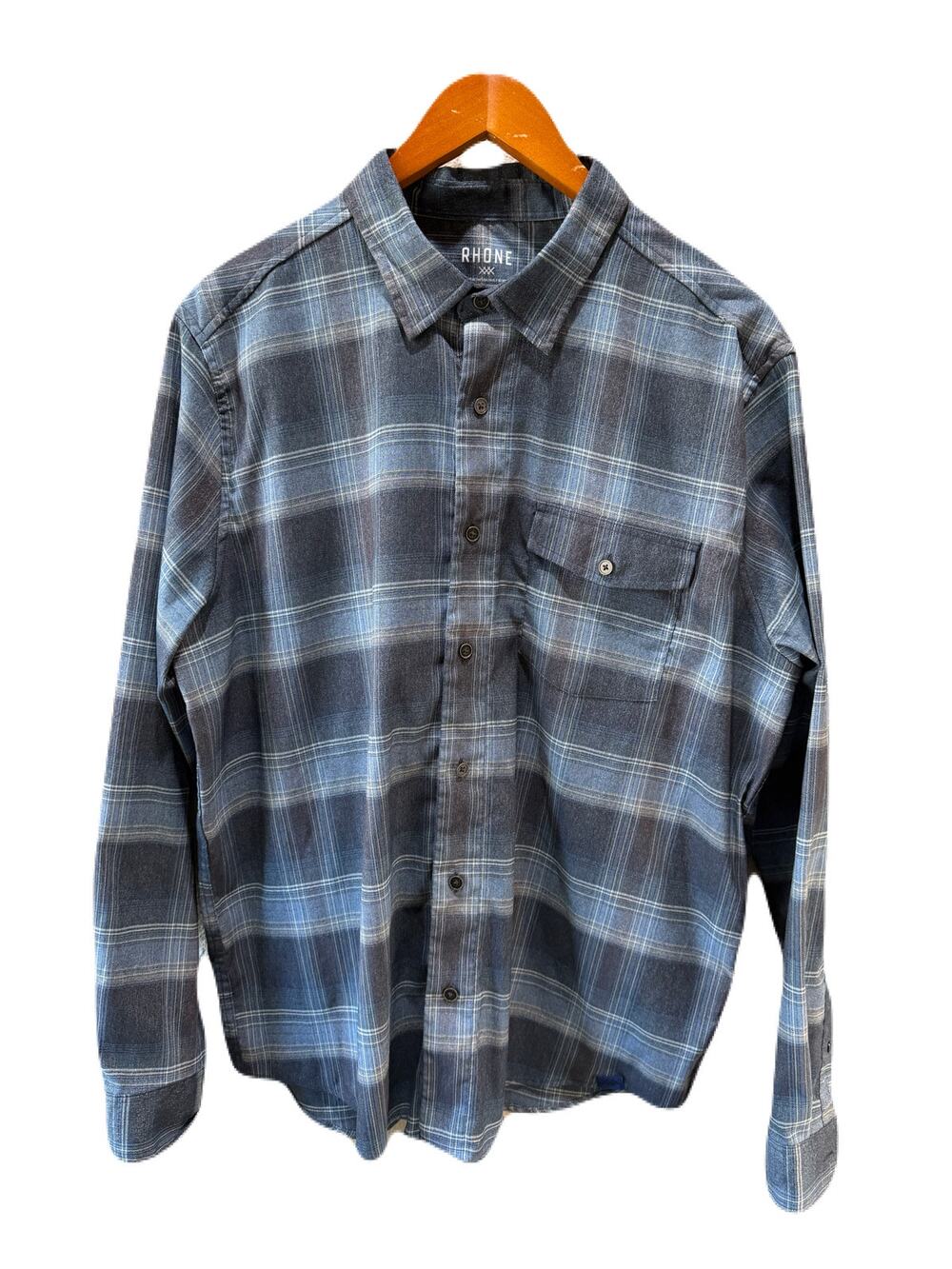 Rhone Shirt Mens Commuter Gray Blue Plaid Performance Button Up Stretch Size L